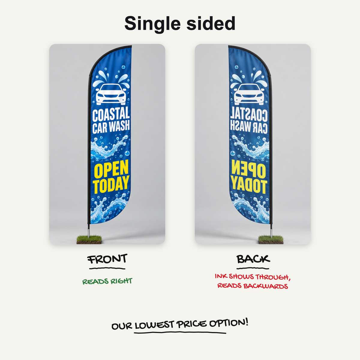 Single sided convex feather flag, front and back