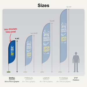 Convex feather flag sizes, small 9 ft highlighted