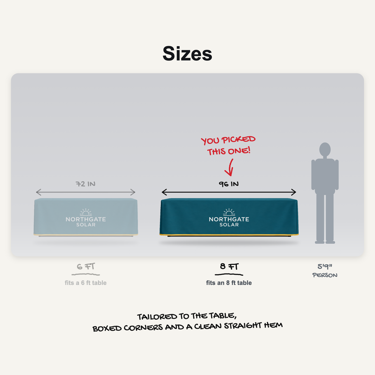 Fitted table cover sizes: 6 ft and 8 ft to scale, 8 ft picked
