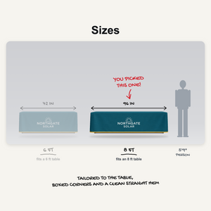 Fitted table cover sizes: 6 ft and 8 ft to scale, 8 ft picked