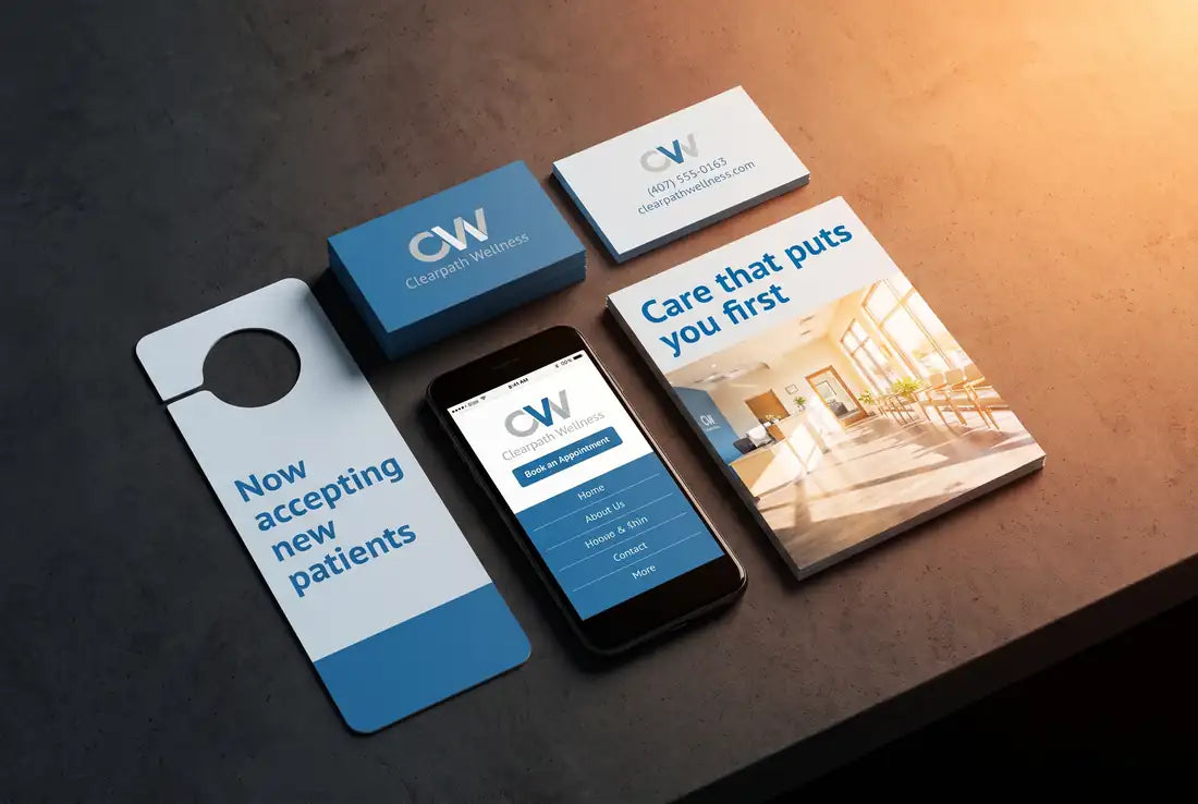 Matching business cards, flyer, door hanger and website on a phone for a sample health clinic