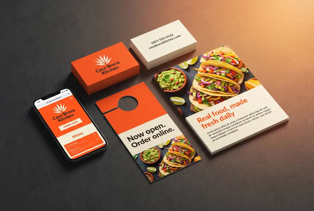 Matching business cards, flyer, door hanger and website on a phone for a sample restaurant