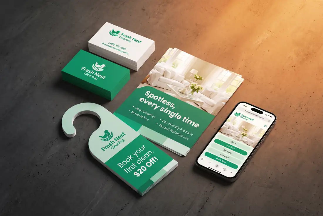 Matching business cards, flyer, door hanger and website on a phone for a sample home services company