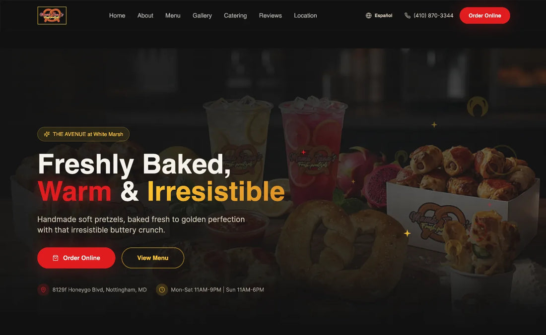 Mama Tana's Fresh Pretzels website on a computer