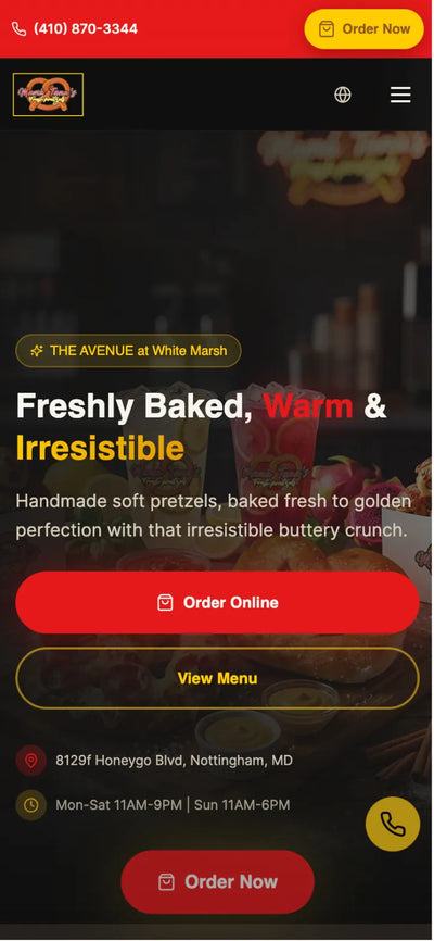 Mama Tana's Fresh Pretzels website on a phone