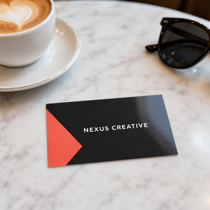Gloss Laminated Business Cards in use - resting on a marble cafe table next to a flat white coffee and a pair of sunglasses