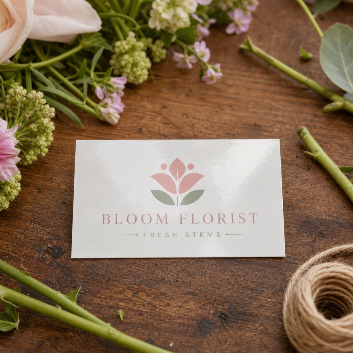 Gloss Laminated Business Cards in use - on a florist's bench among cut stems and twine