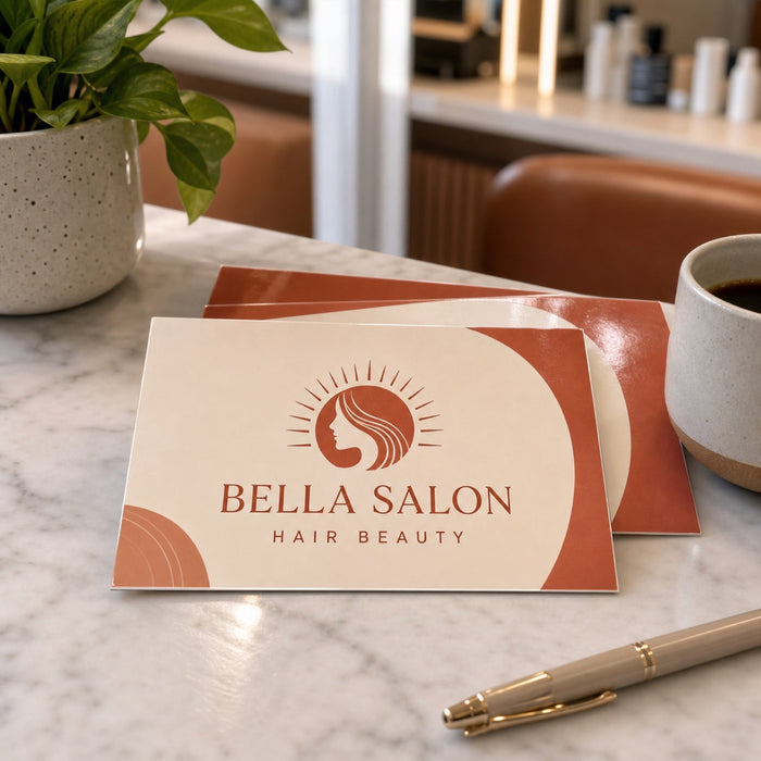 Gloss Laminated Postcards in use - spread in a loose overlapping row on a salon desk beside a pen and a coffee