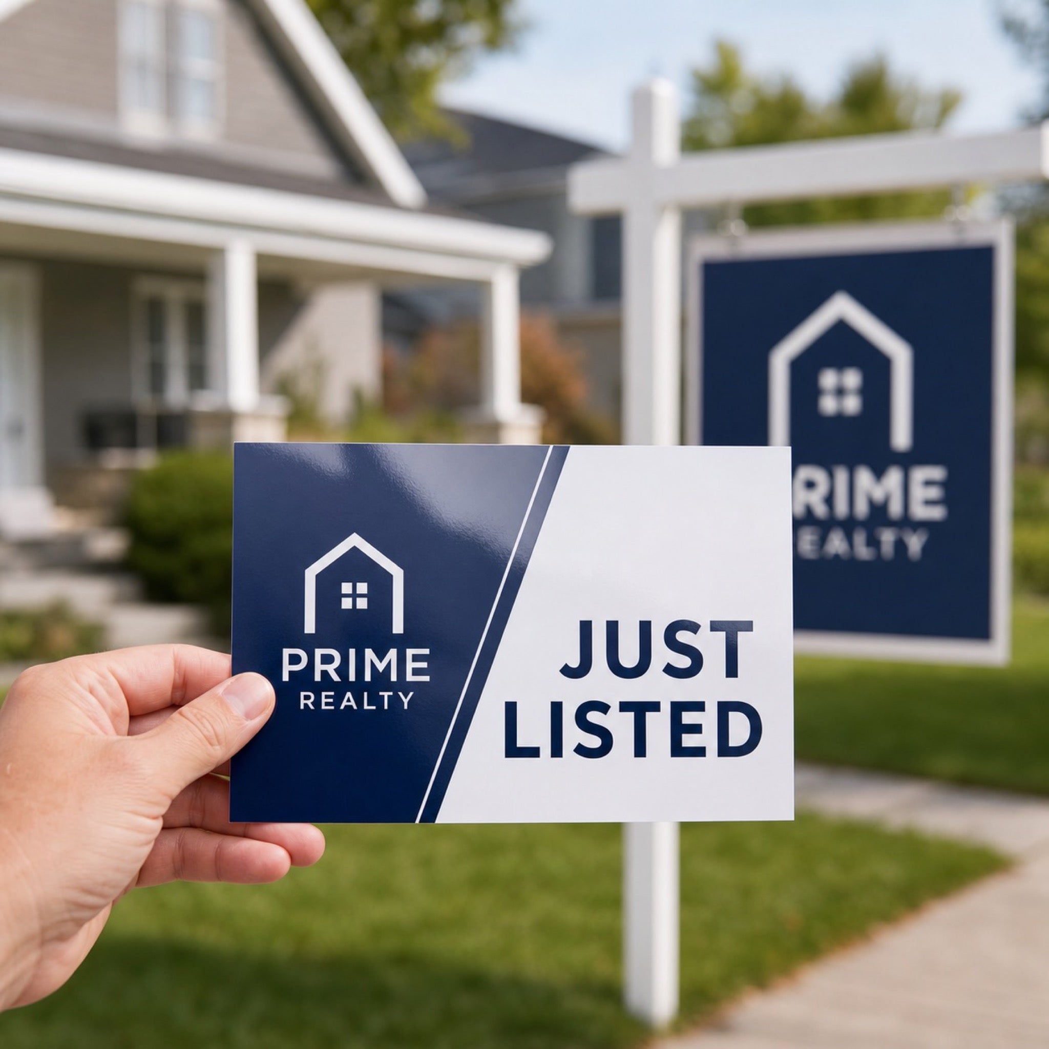Gloss Laminated Postcards in use - held in one hand outside a property with a for-sale board behind