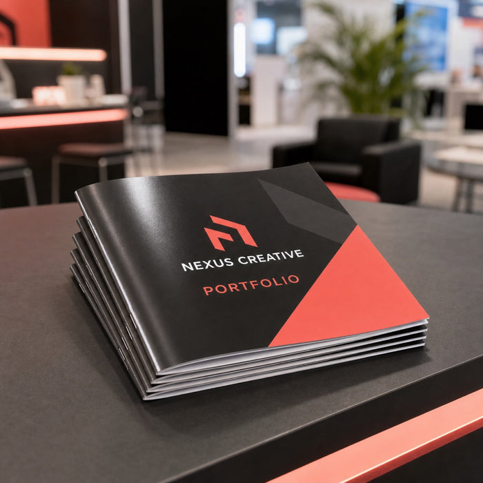 Glossy Booklets 8.5x11 in use - in a stack on a trade show counter