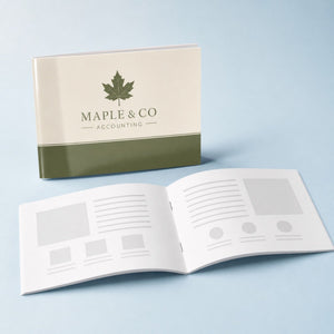 Glossy Booklets 8.5x5.5 printed on 100lb gloss text pages with a 100lb gloss cover, saddle stitched, 8.5 x 5.5 inches, shown at an angle