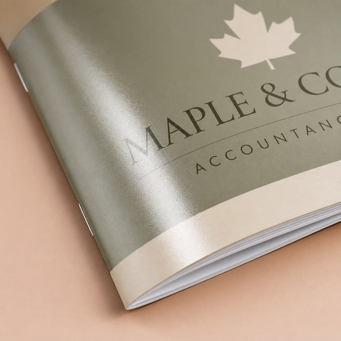 Close-up of the gloss UV coating on Glossy Booklets 8.5x5.5