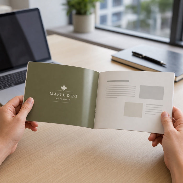 Glossy Booklets 8.5x5.5 in use - being read by two hands in a bright modern office