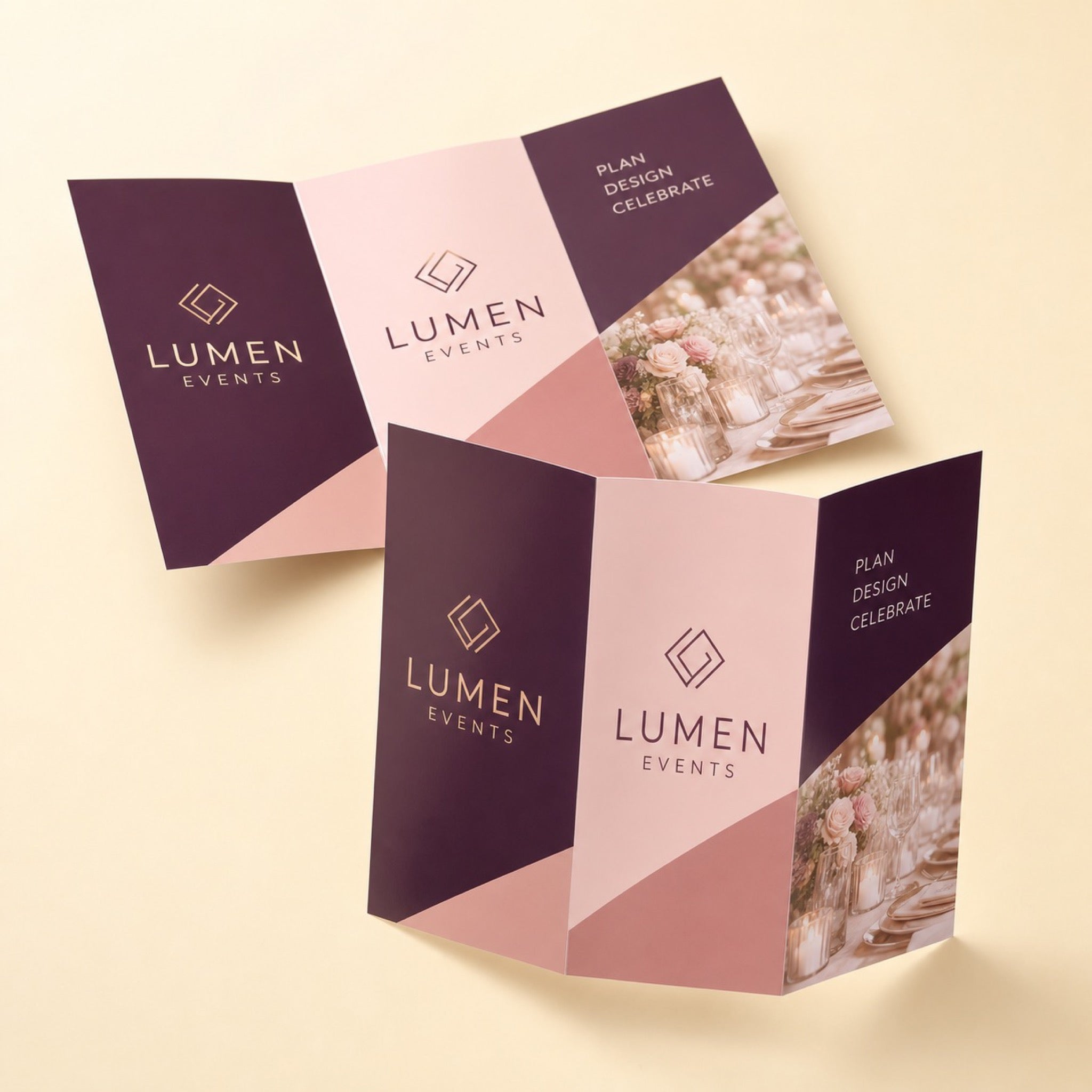 Glossy Brochures printed on 100lb gloss text paper, scored and folded, 11 x 8.5 inches folded into three panels, shown at an angle