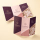 Glossy Brochures printed on 100lb gloss text paper, scored and folded, 11 x 8.5 inches folded into three panels, shown at an angle