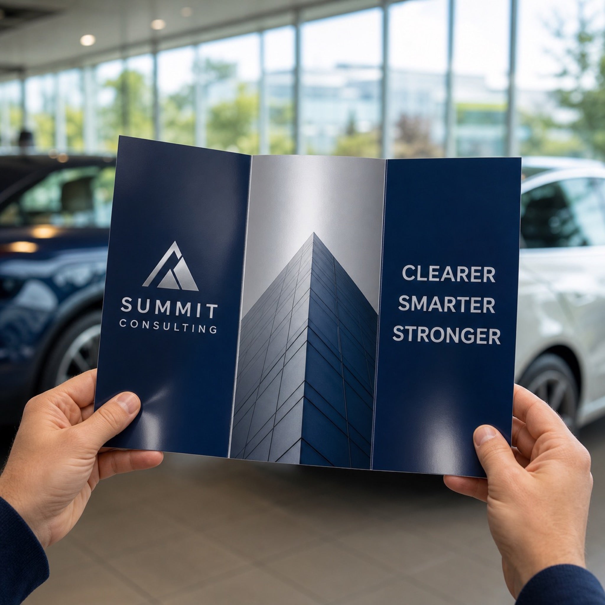 Glossy Brochures in use - held open by two hands in a car showroom
