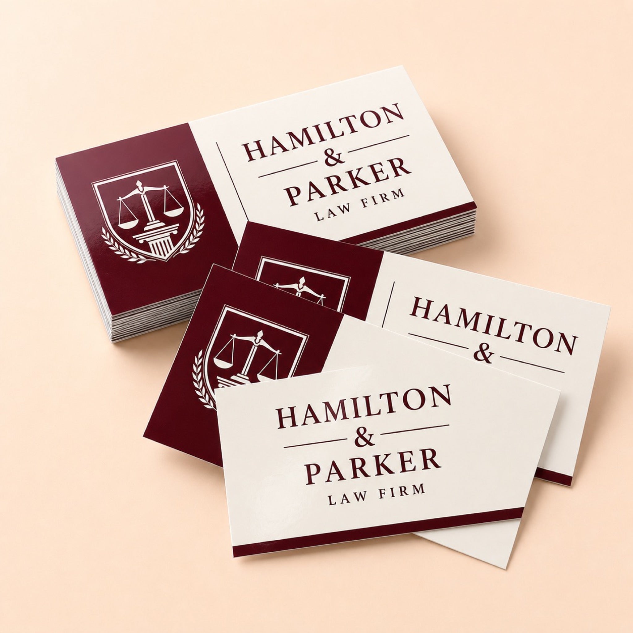 Glossy Business Cards printed as a law firm card, deep burgundy on off-white, formal serif type