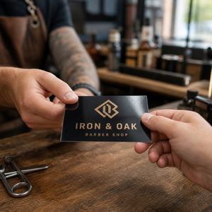 Glossy Business Cards in use - being handed across a workbench in a barber shop