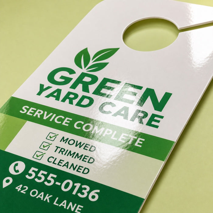 Close-up of the gloss UV coating on Glossy Door Hangers