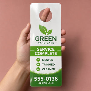 Glossy Door Hangers held in hand showing its 4.25 x 11 inches size
