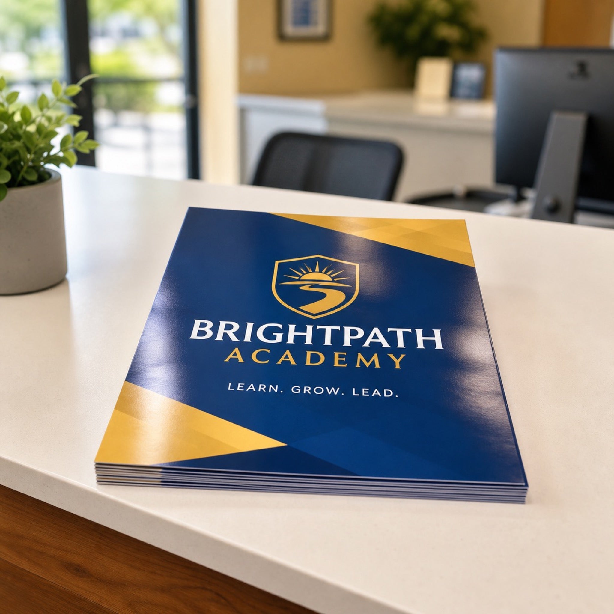 Glossy Flyers in use - on a school reception counter