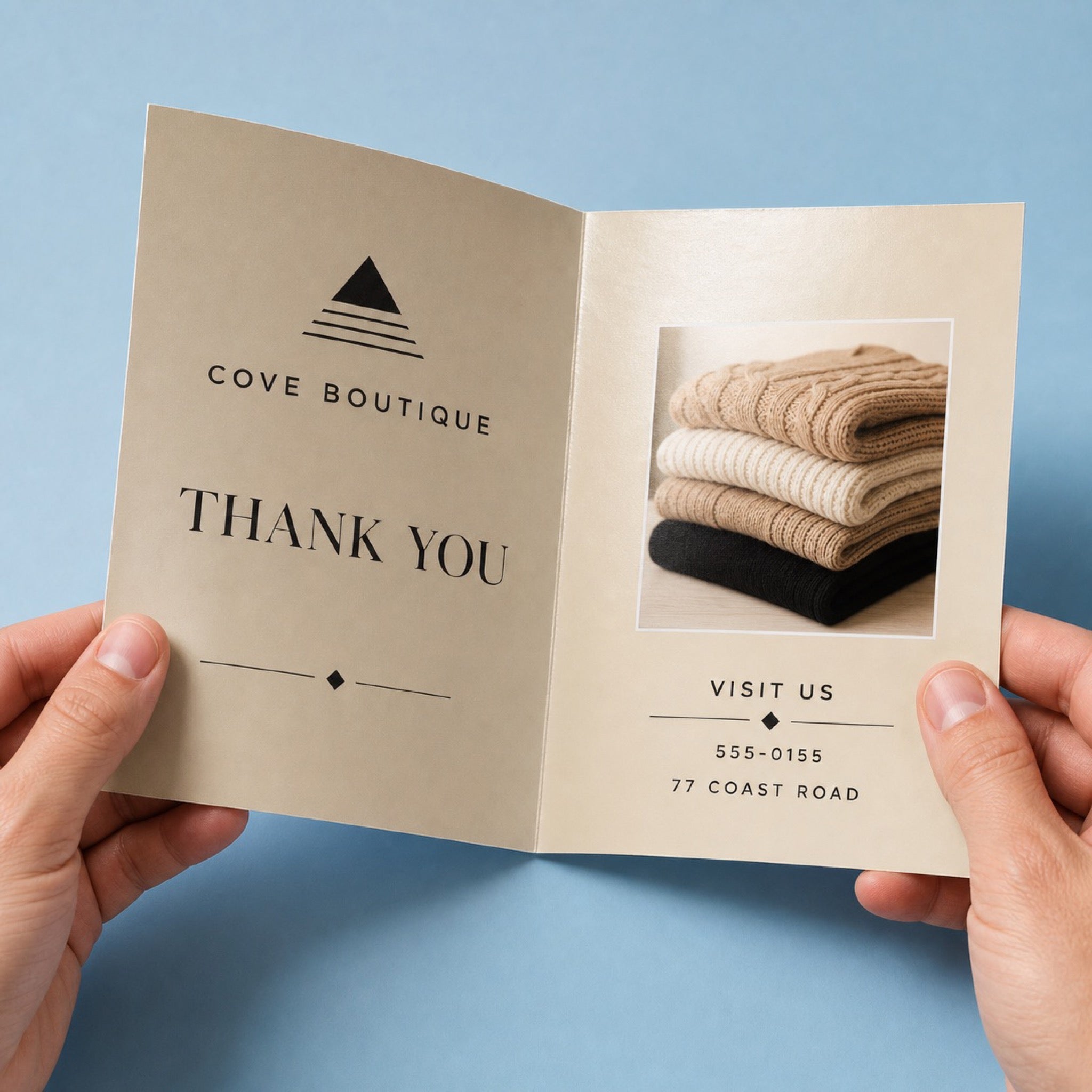Glossy Greeting Cards held in hand showing its 10 x 7 inches flat, folding to 5 x 7 inches size