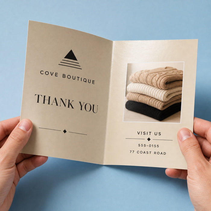 Glossy Greeting Cards held in hand showing its 10 x 7 inches flat, folding to 5 x 7 inches size