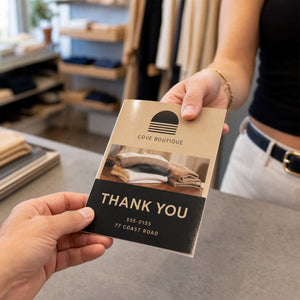 Glossy Greeting Cards in use - being handed to someone across a shop counter