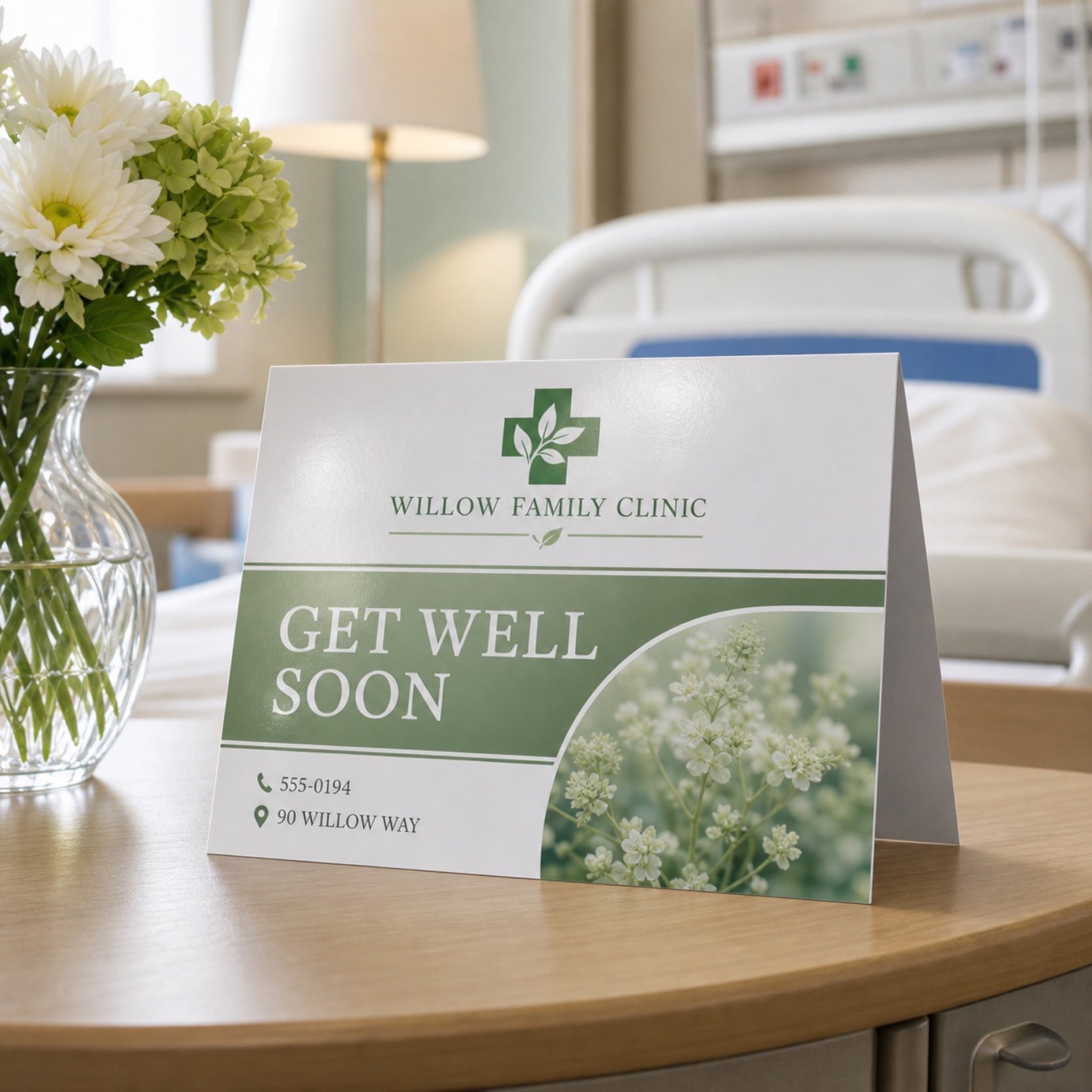 Glossy Greeting Cards in use - propped on a hospital bedside table beside flowers