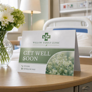 Glossy Greeting Cards in use - propped on a hospital bedside table beside flowers