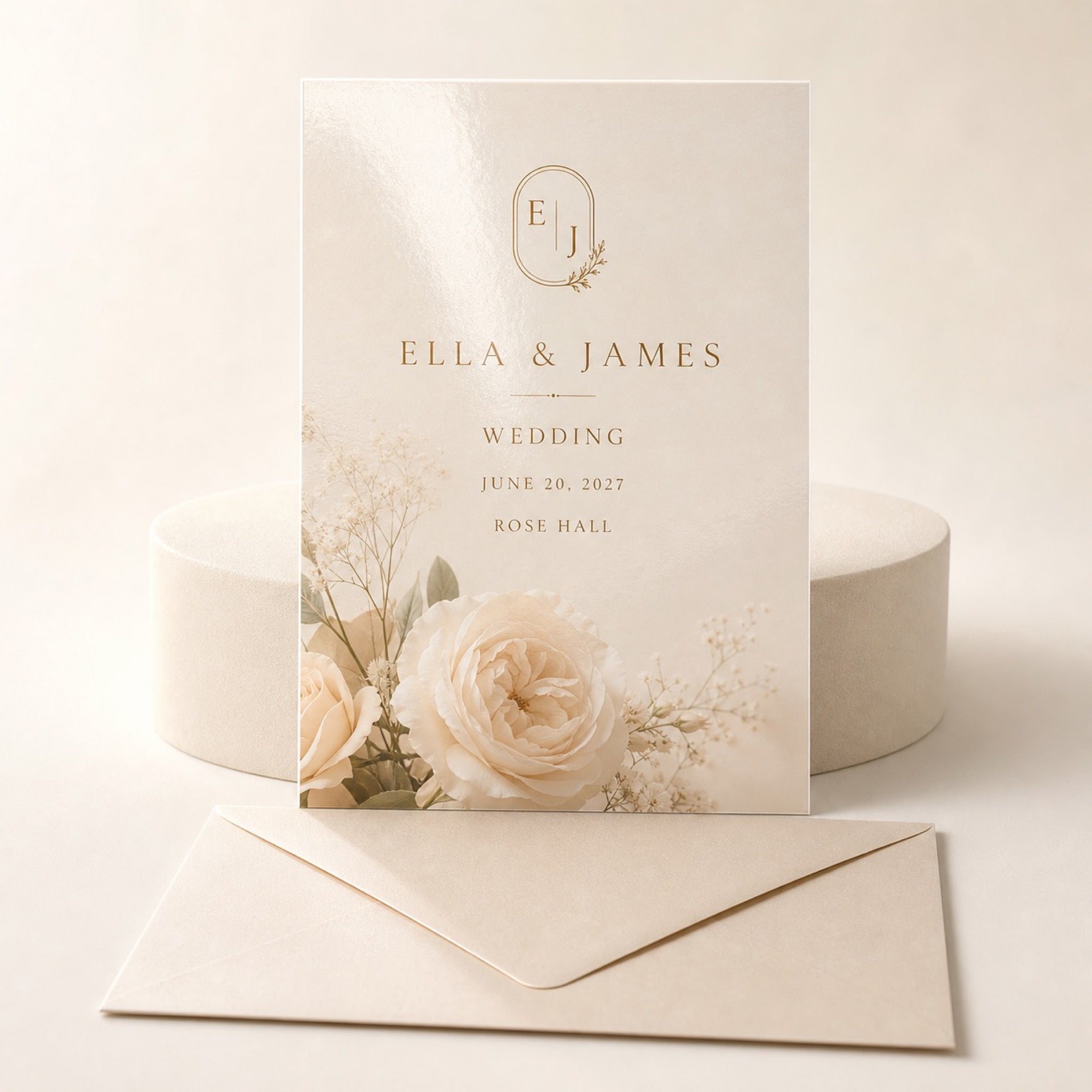 Glossy Invitations printed on 14PT card stock, 5 x 7 inches, shown at an angle