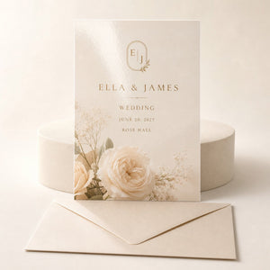 Glossy Invitations printed on 14PT card stock, 5 x 7 inches, shown at an angle