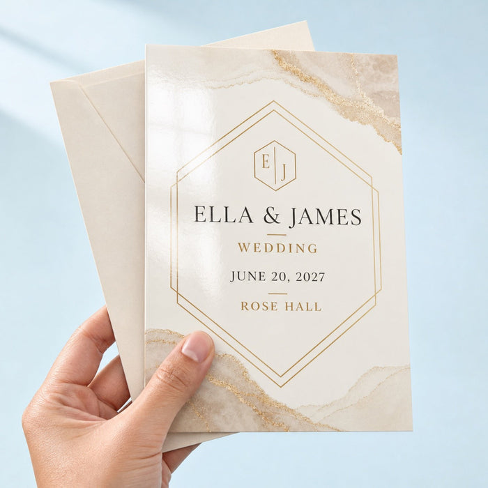 Glossy Invitations held in hand showing its 5 x 7 inches size