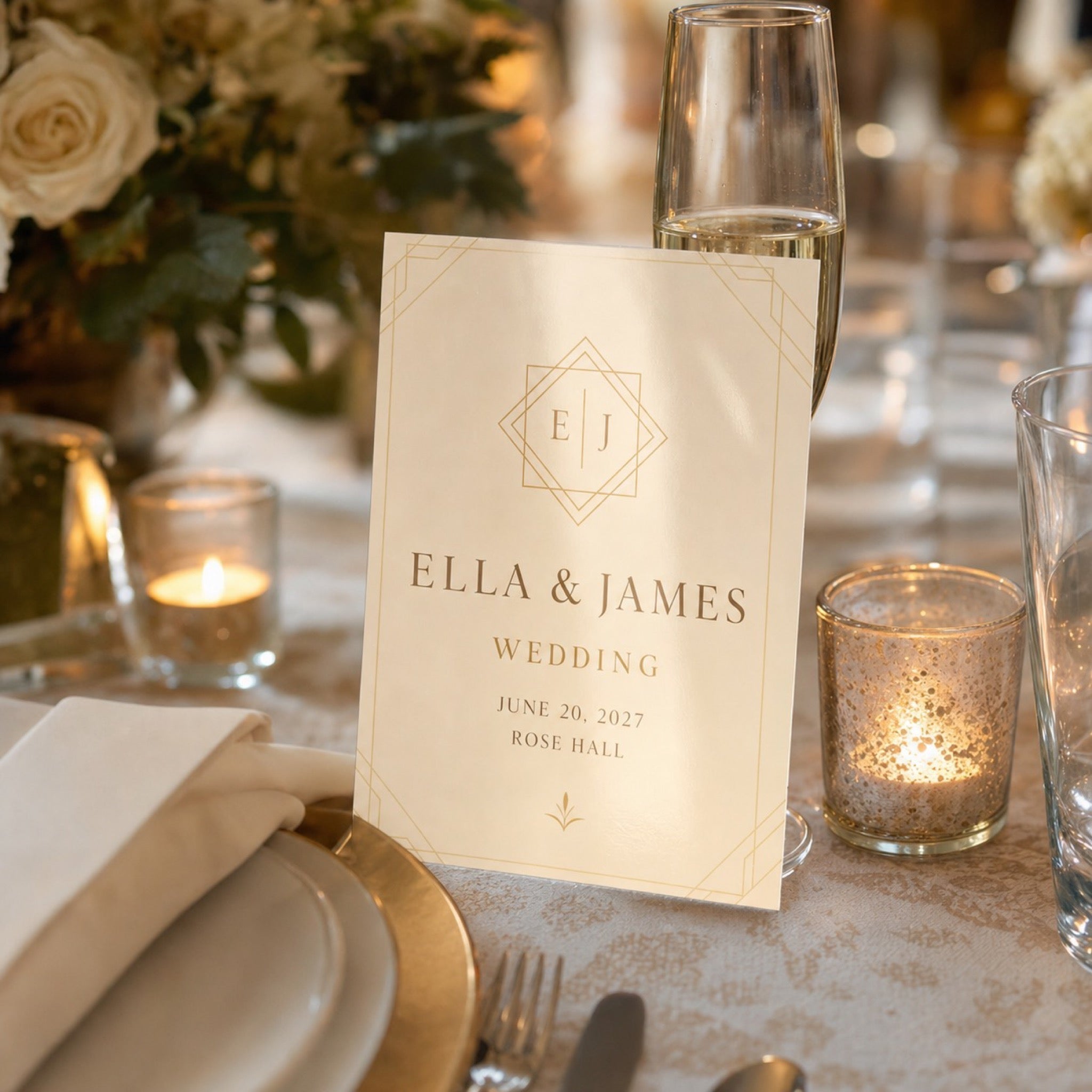 Glossy Invitations in use - propped against a champagne flute on a set wedding table with soft candlelight
