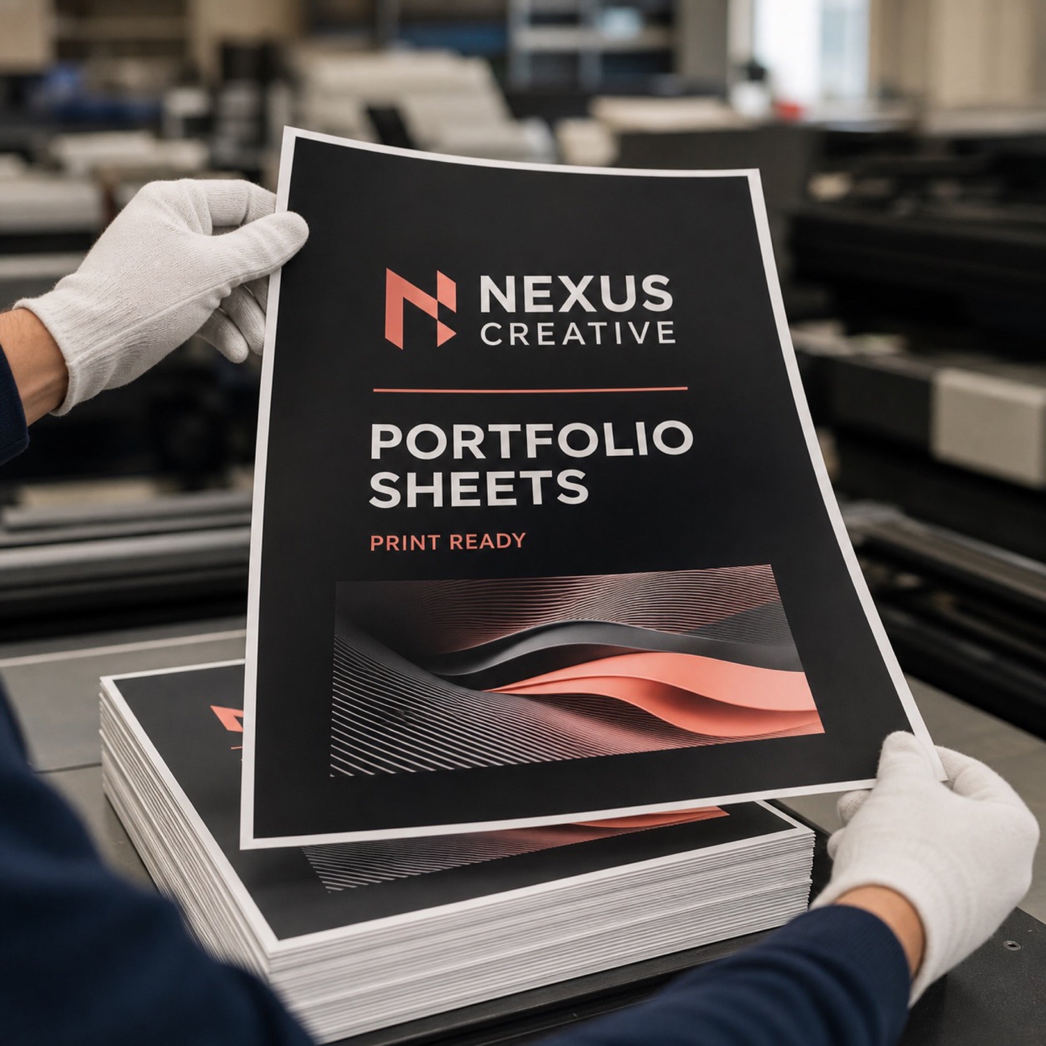 Glossy Paper Digital Sheets 12x18 in use - being lifted off a press stack by two gloved hands in a print room