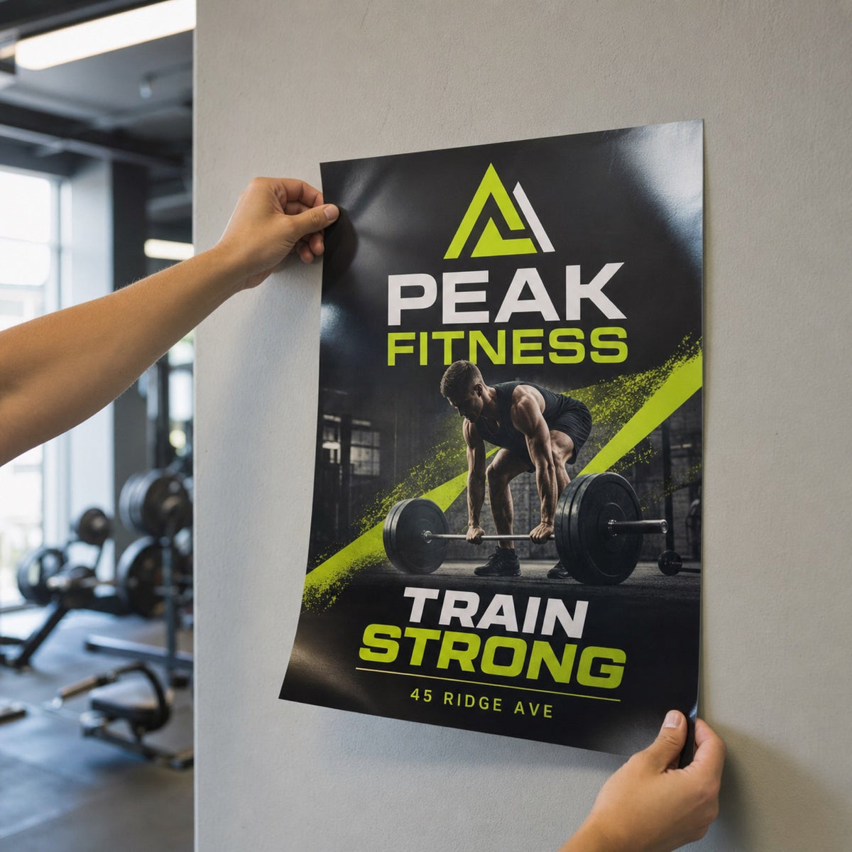 Glossy Posters in use - held up against a gym wall by two hands as it is being positioned