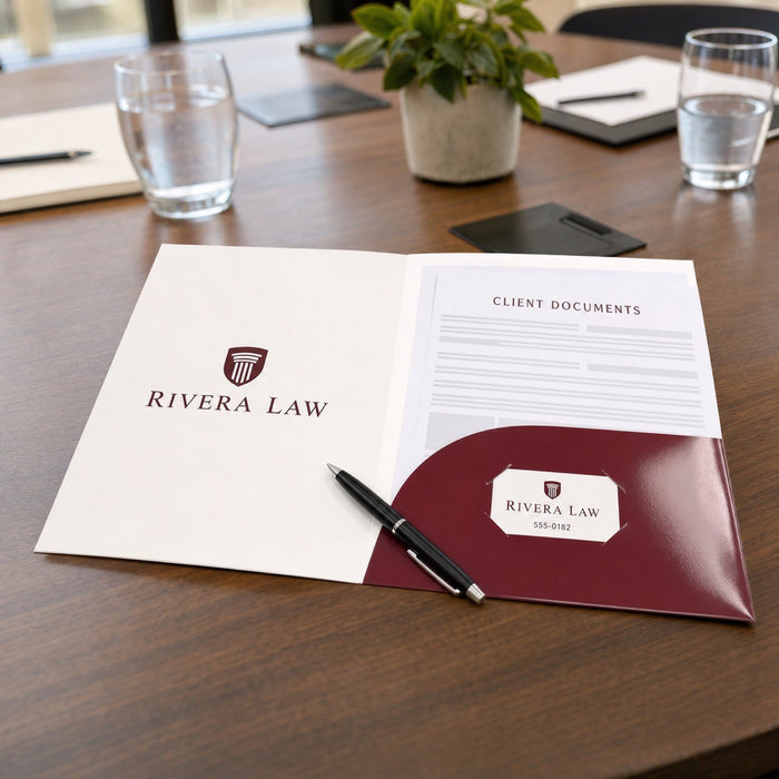 Glossy Presentation Folders in use - open on a meeting table with printed documents in the pocket and a pen resting on top