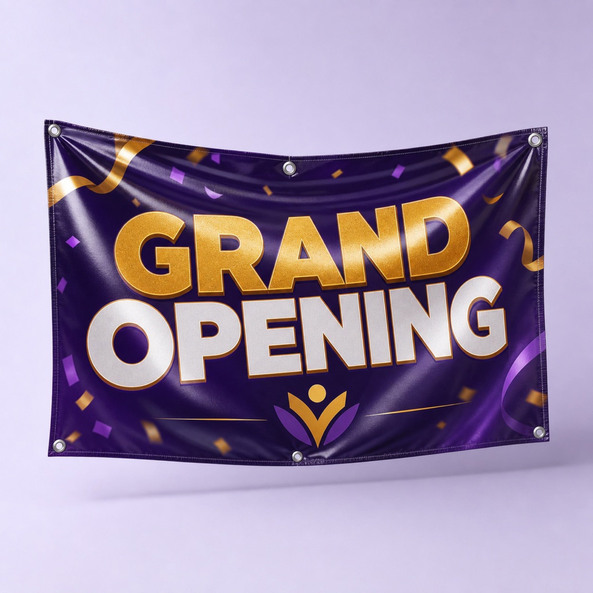 Glossy Vinyl Banners printed on 13oz gloss scrim vinyl, hemmed with metal grommets, 3 x 6 feet, shown at an angle