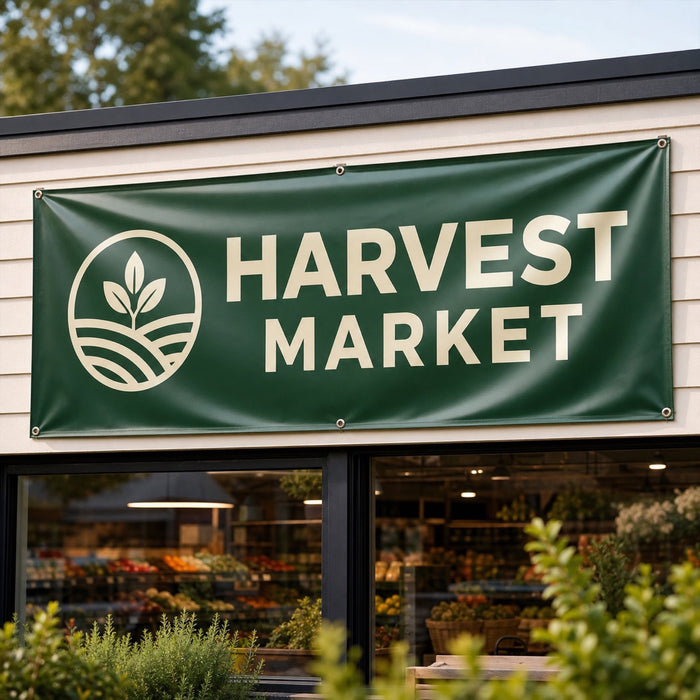 Glossy Vinyl Banners in use - mounted across a grocery shop front above the windows