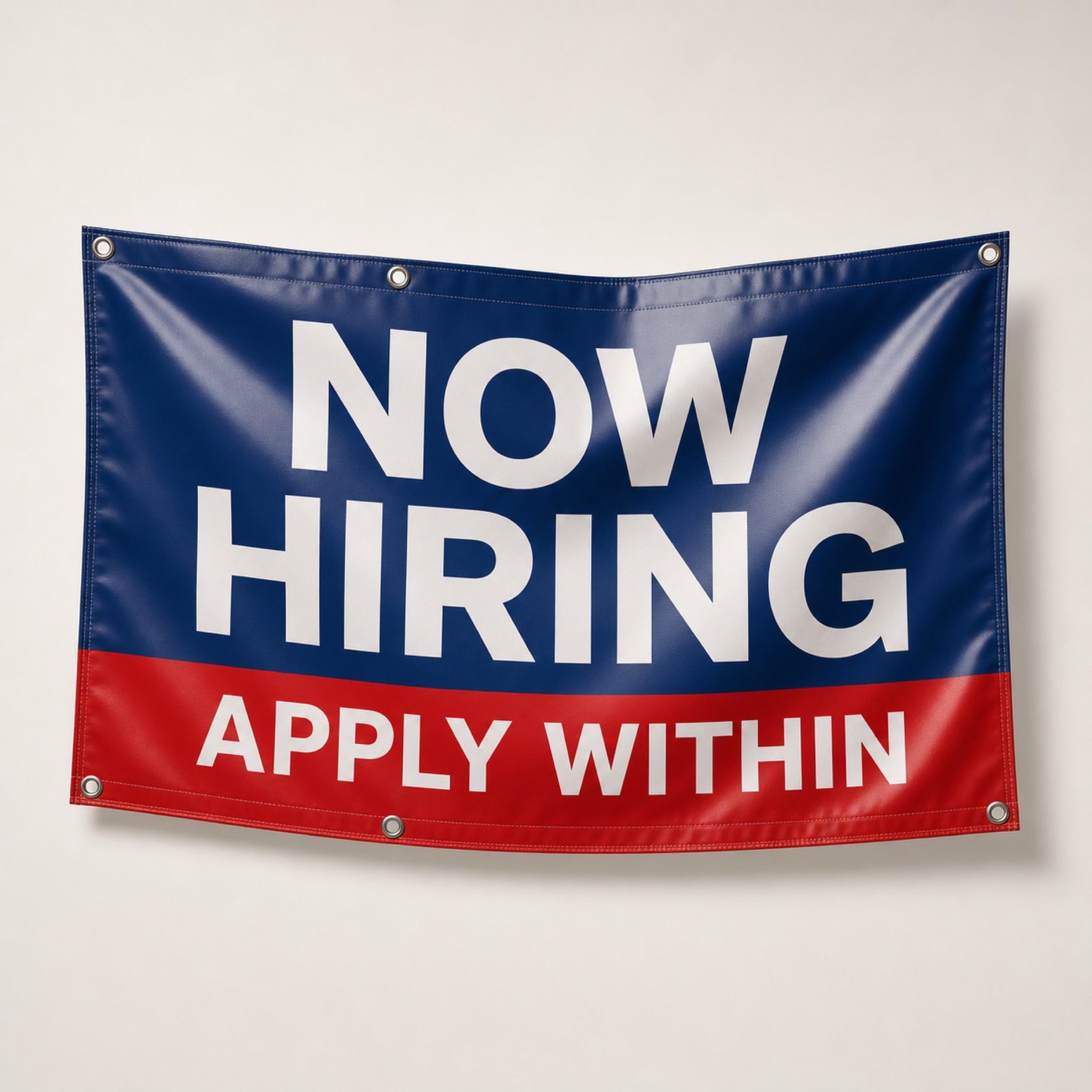 Glossy Vinyl Banners printed as a NOW HIRING banner with the words APPLY WITHIN beneath