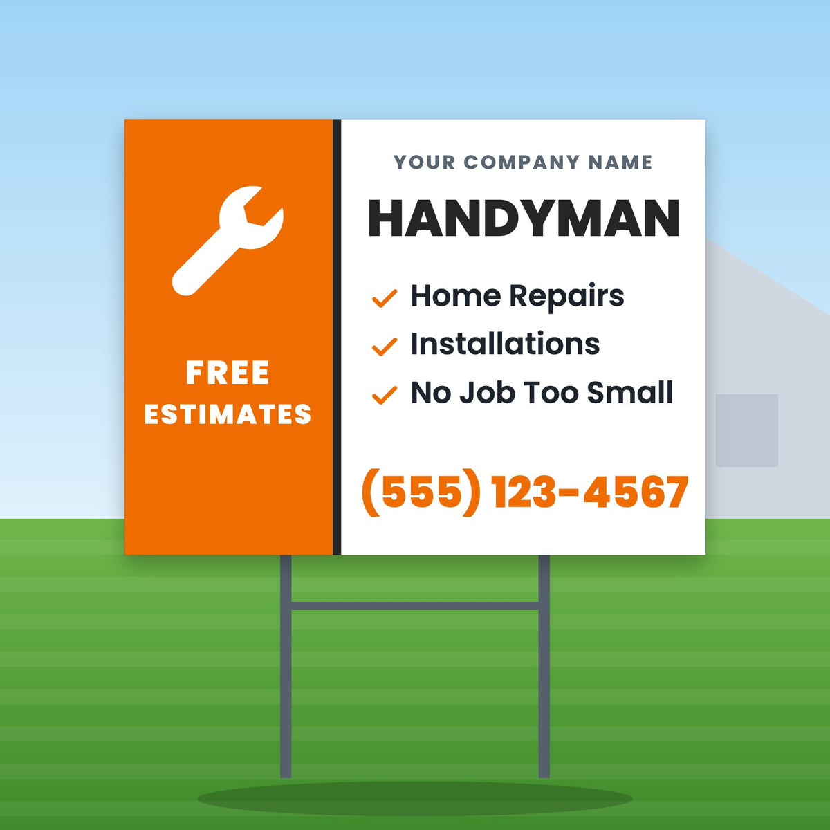 Handyman Yard Sign Design 2: 24 x 18 yard sign on a steel H-stake in a front lawn