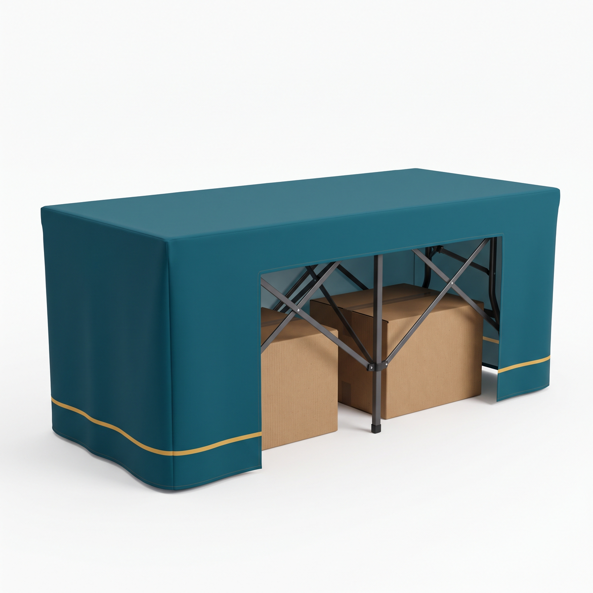 Fitted table cover with an open back showing storage boxes under the table