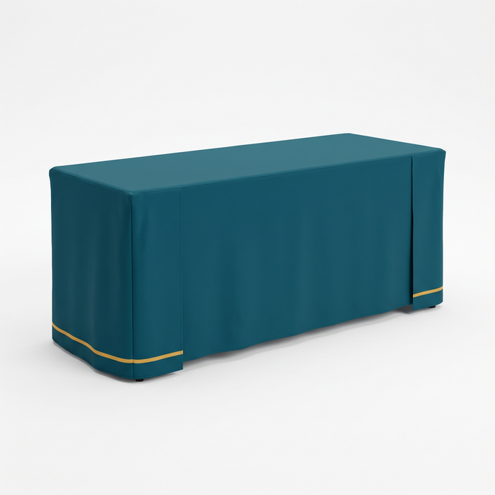 Fitted table cover with a closed back, all four sides enclosed