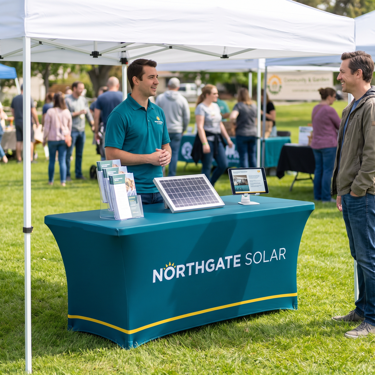 Printed fitted table cover staying neat outdoors at an expo under a canopy