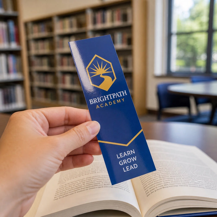 High-Gloss Bookmarks in use - held in one hand above an open book in a school library