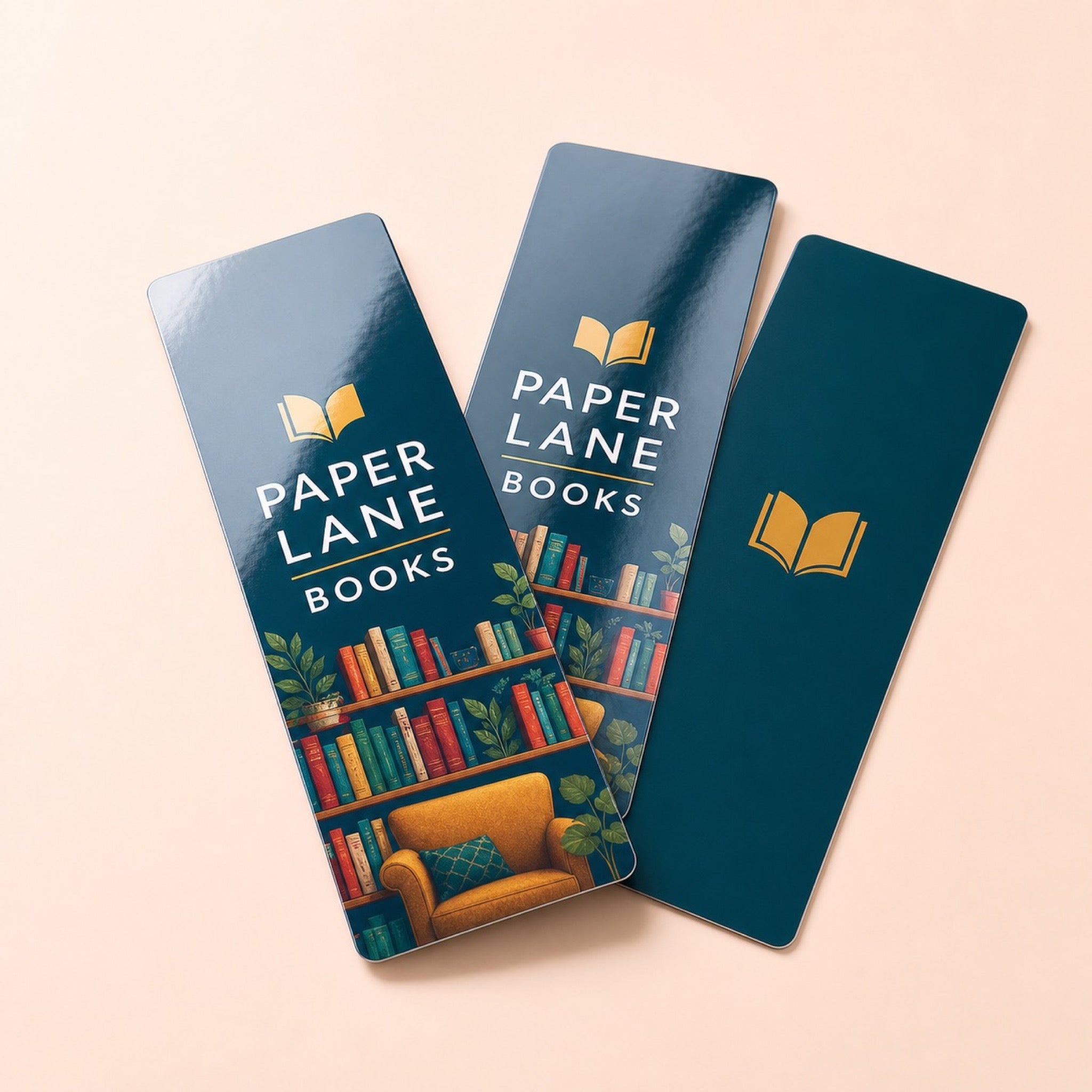 High-Gloss Bookmarks printed as an independent bookshop bookmark with a small book mark and shop name