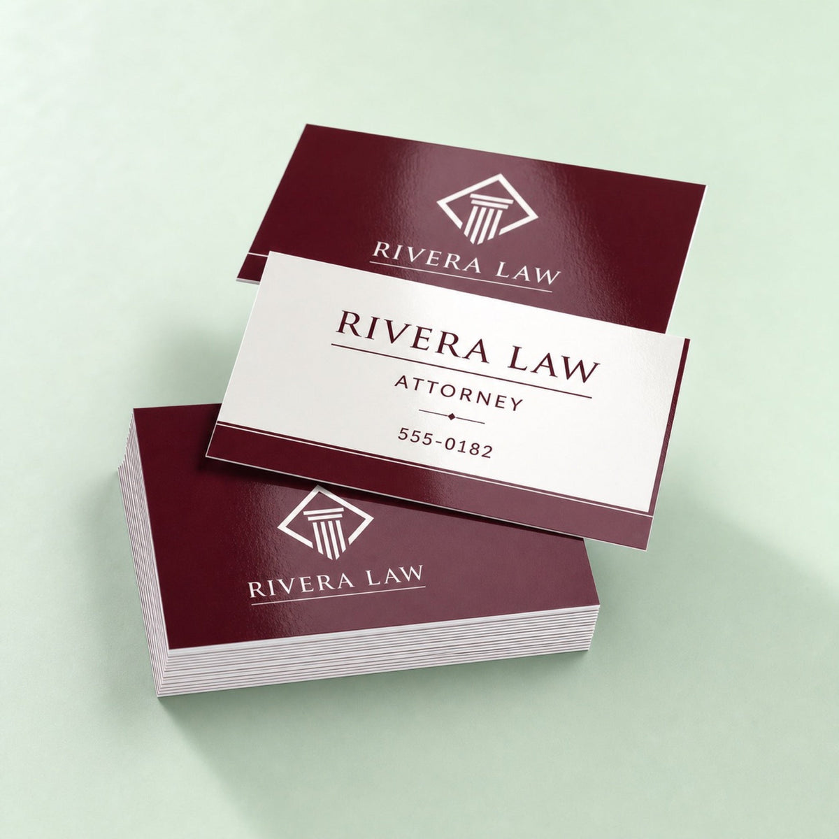 High-Gloss Business Cards printed on 14PT card stock with high gloss UV coating, 3.5 x 2 inches, shown at an angle