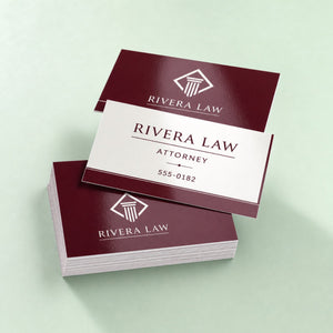High-Gloss Business Cards printed on 14PT card stock with high gloss UV coating, 3.5 x 2 inches, shown at an angle