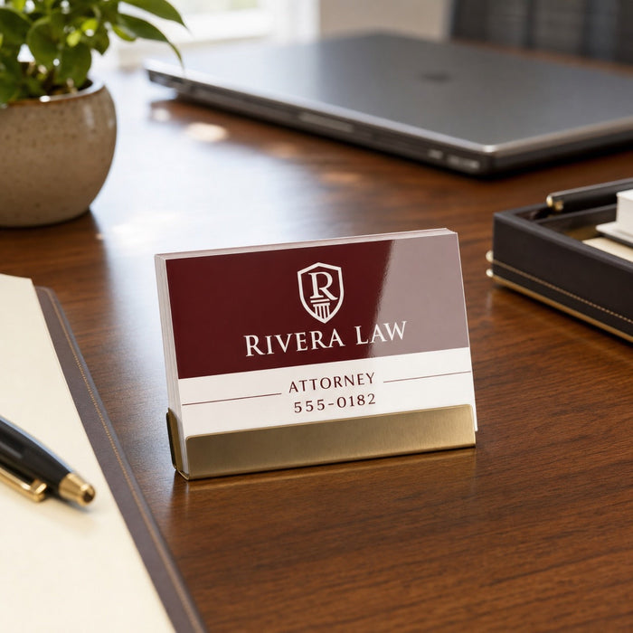 High-Gloss Business Cards in use - sitting in a slim brass card holder on a tidy solicitor's desk beside a closed laptop and a small plant
