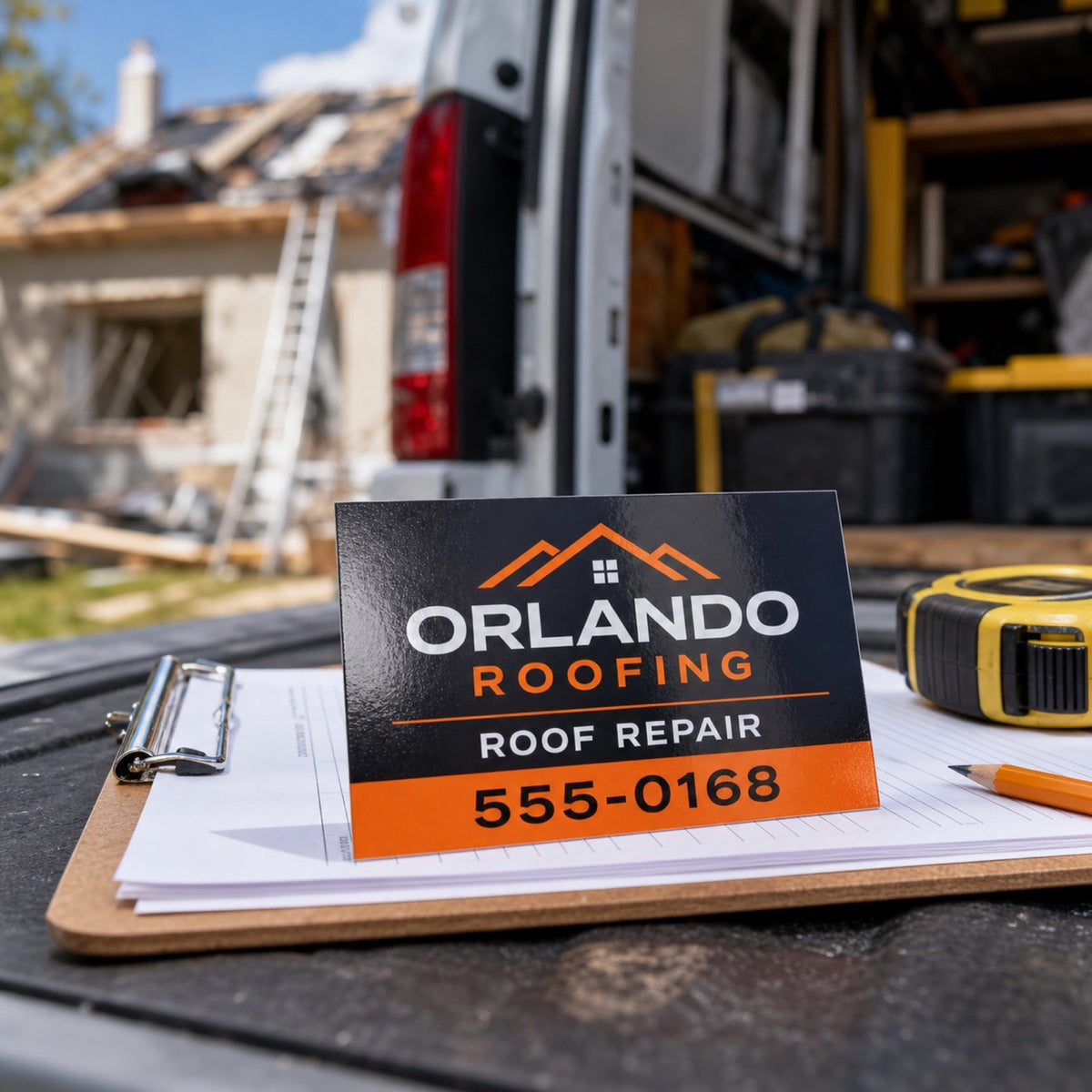 High-Gloss Business Cards in use - resting on a clipboard on the tailgate of a work van